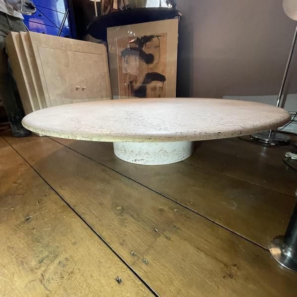 Round Travertine Coffee Table With Central Cylindrical Base By Angelo Mangiarotti For Up & Up, 1970s photo buy