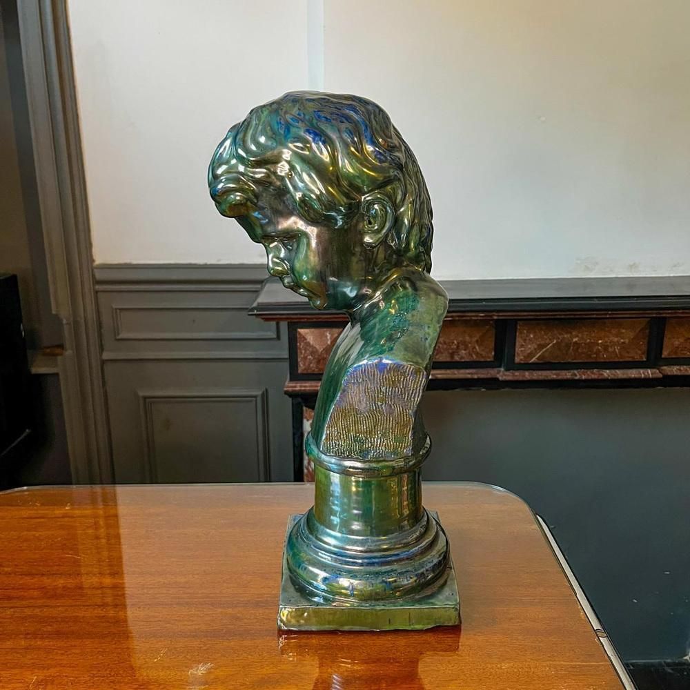 Art Bust Of A Young Boy In Salted Stoneware By Louis Gustave Cambier & Roger Guerin, 1925 photo