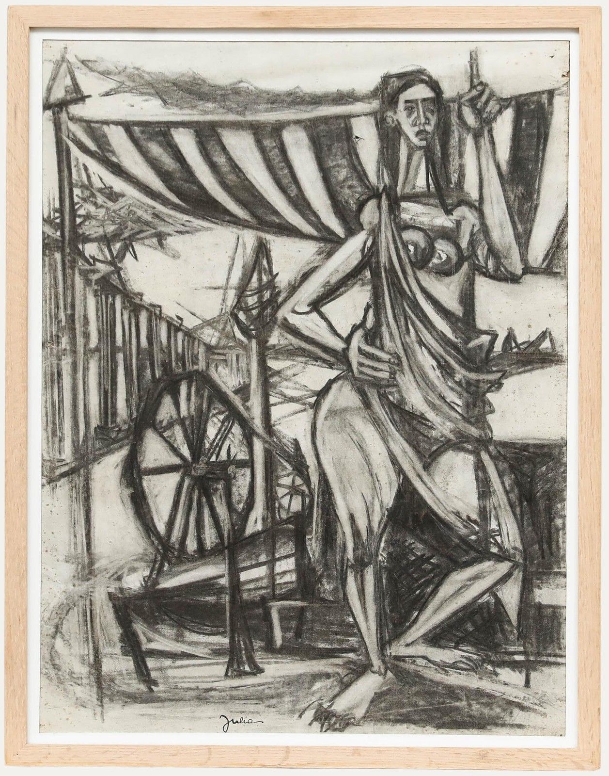 Christian Julia (1921 1991) Mid 20th Century Charcoal Drawing, Lady Spinning