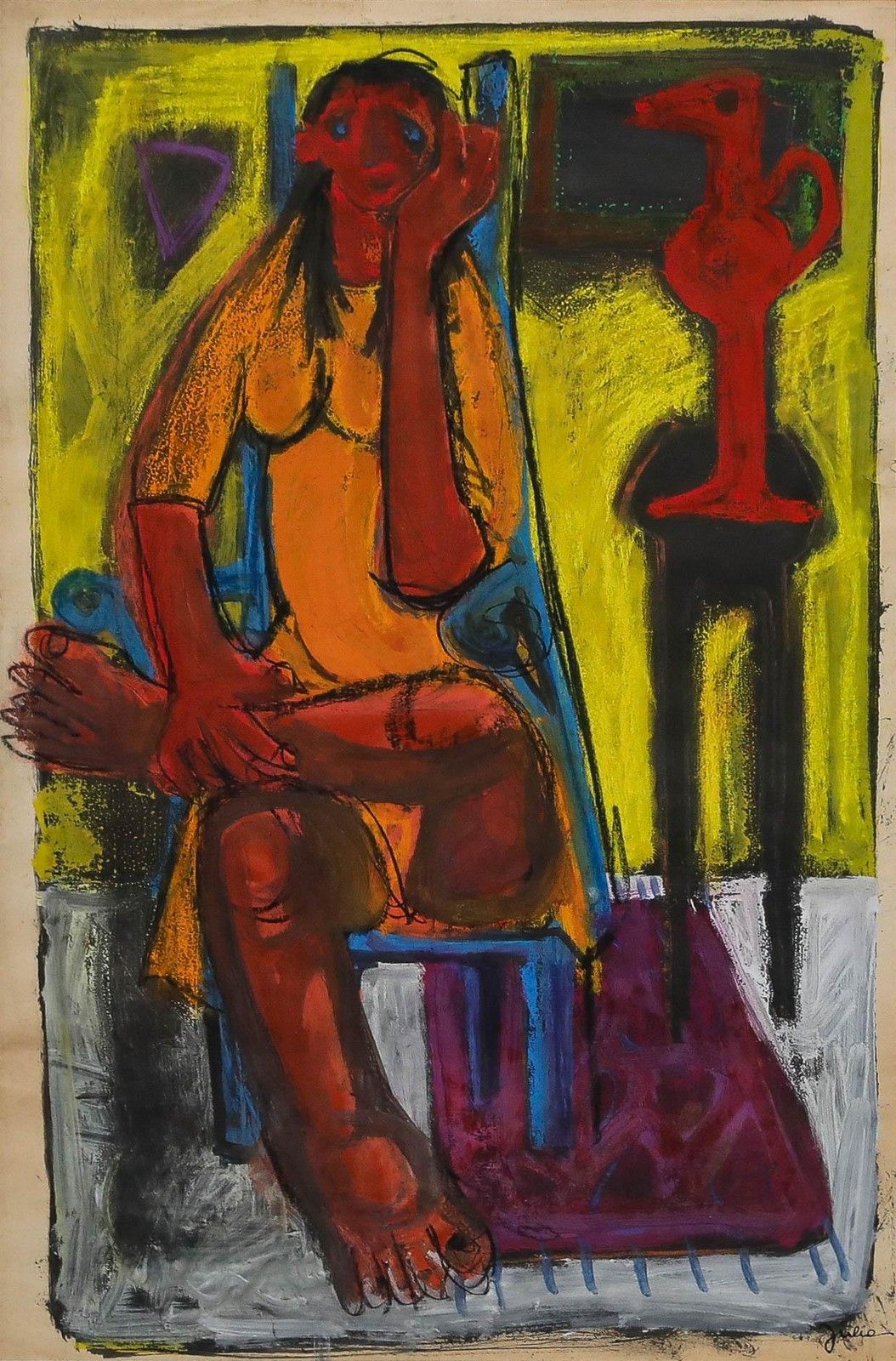 Christian Julia (1921 1991) Mid 20th Century Mixed Media, Lady And Sculpture photo furniture