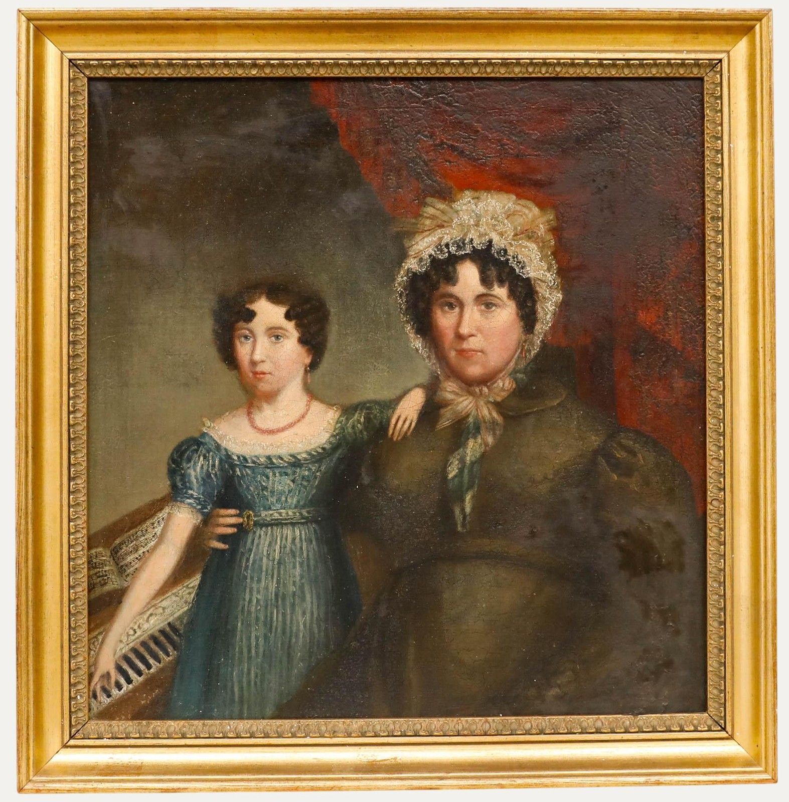 Framed 19th Century Oil Mother And Daughter By The Piano