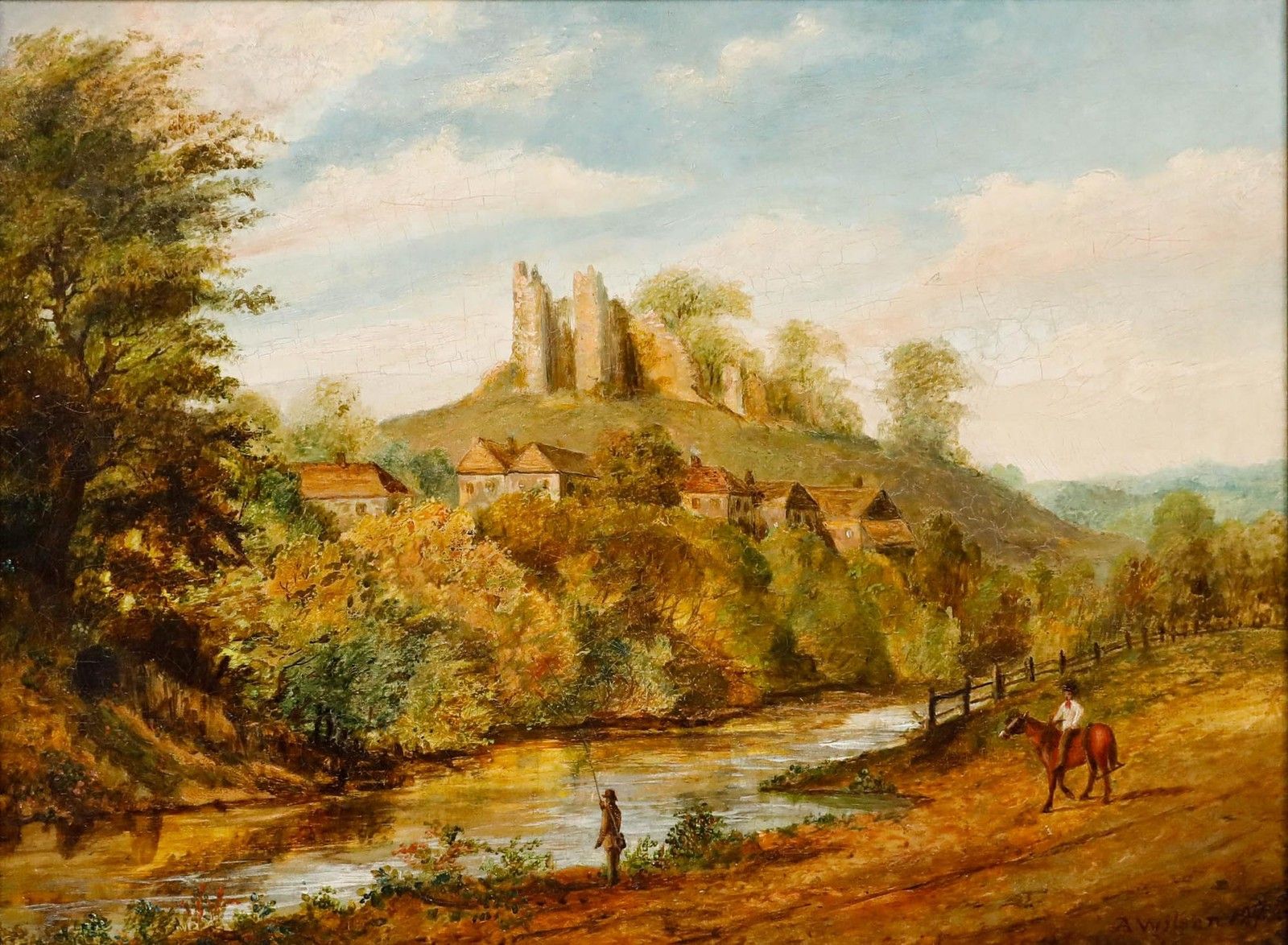 A. Wilson Framed 19th Century Oil, Fishing By The Ruins photo furniture