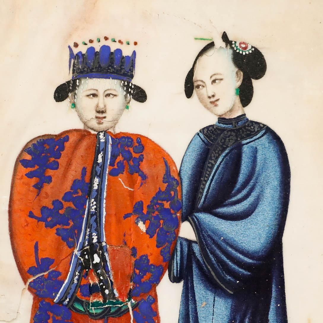 Framed 19th Century Chinese Watercolour Qiny Dynasty Emperor With Attendant photo 145.0