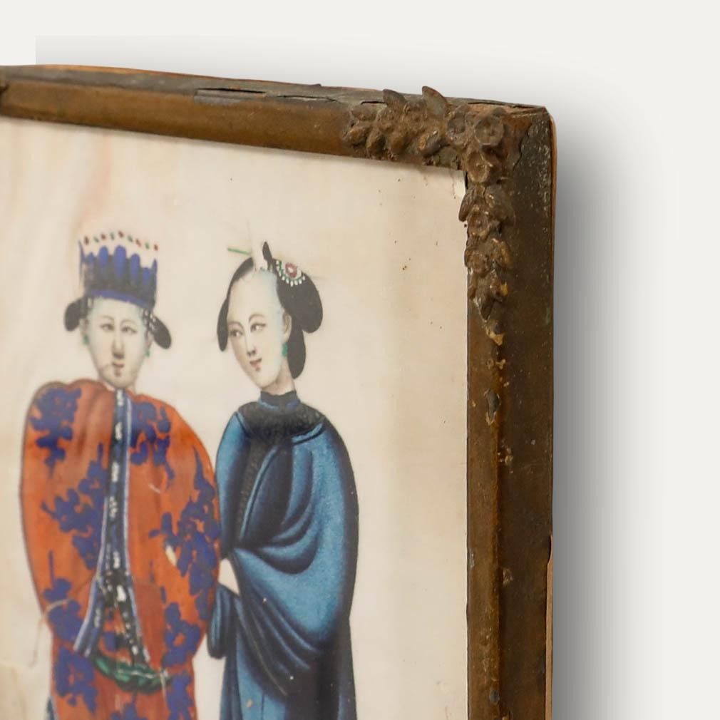 Framed 19th Century Chinese Watercolour Qiny Dynasty Emperor With Attendant photo vinterior