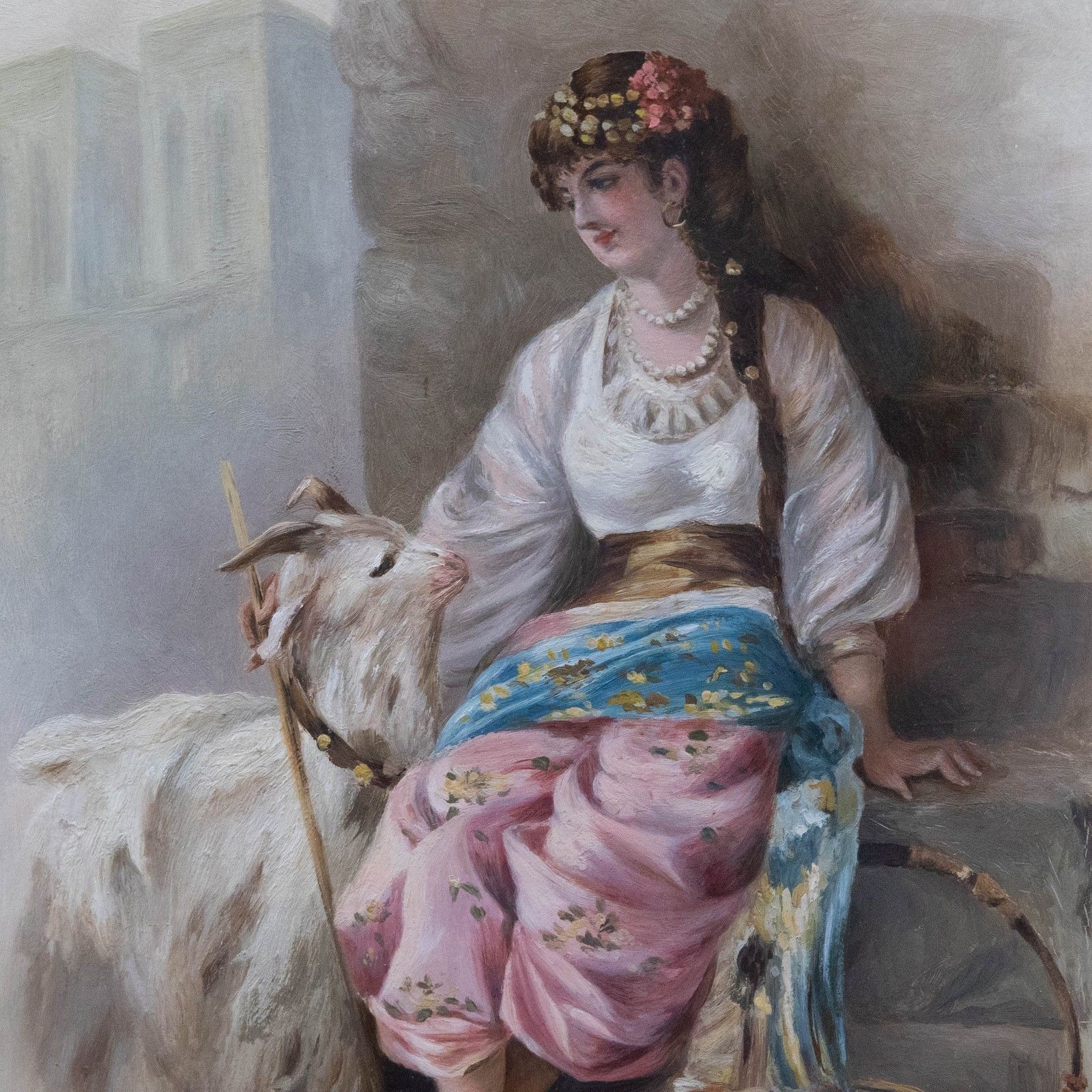 Framed Late 19th Century Oil Parisian Gypsy With Goat photo Art
