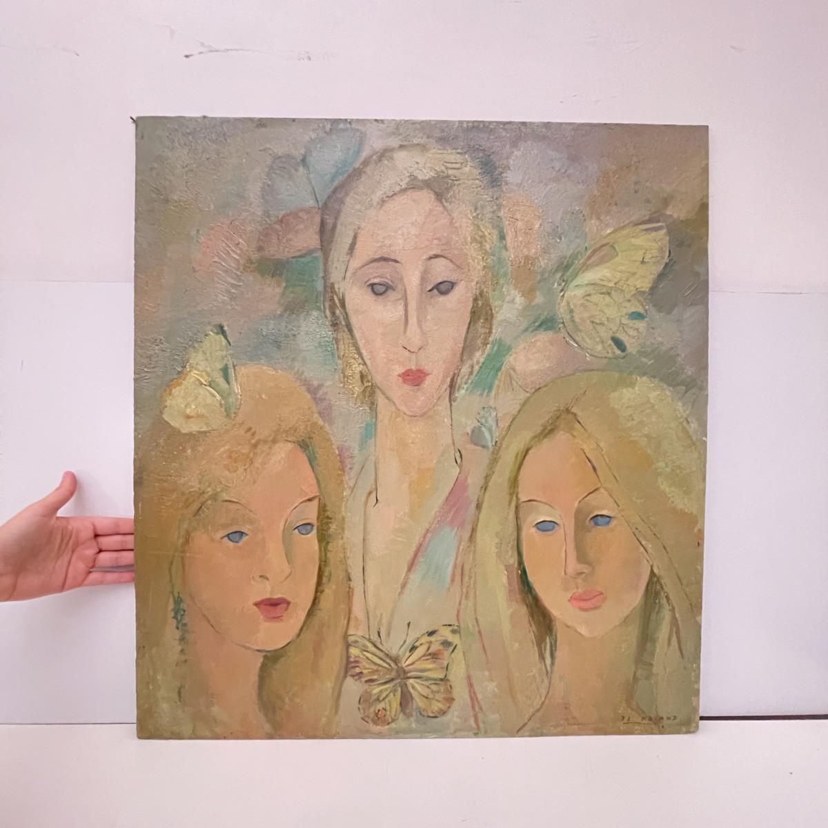Roland Flory, The Butterflies, 3 Women's Faces, Oil Painting On Panel, 1975 photo furniture