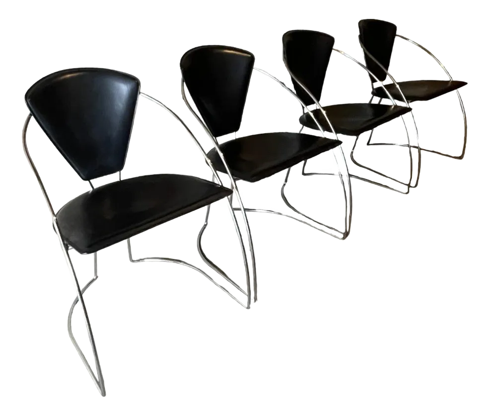 Vintage Chromed Steel & Black Skai Chairs, 1980s, Set Of 4