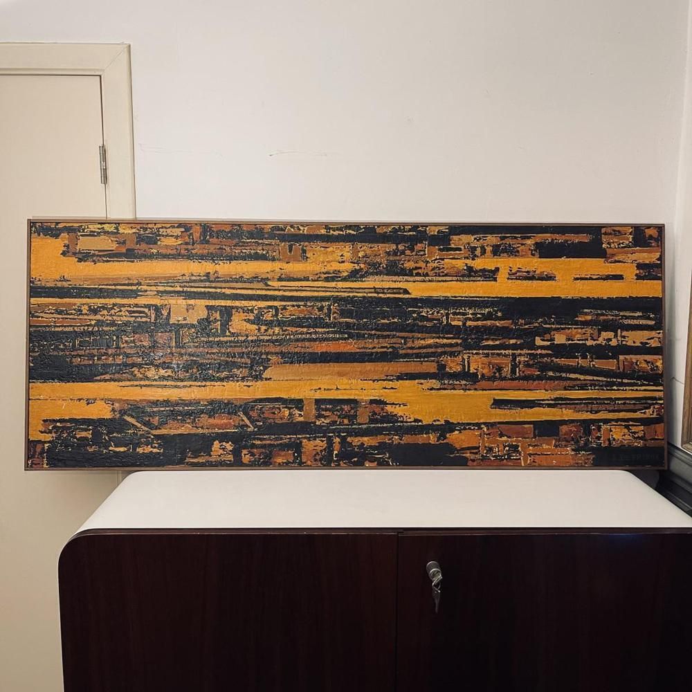 photo for sale Serge Detriaux, Abstract Orange And Black Composition, Oil On Panel, 1998