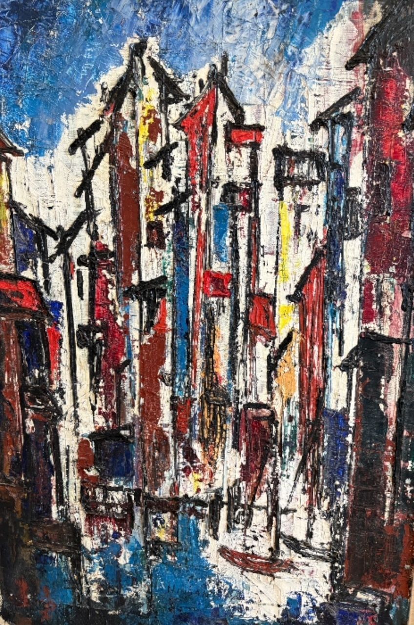 Large Mid Century Expressionist Cityscape – Mixed Media, Signed ‘Nissan’ photo furniture