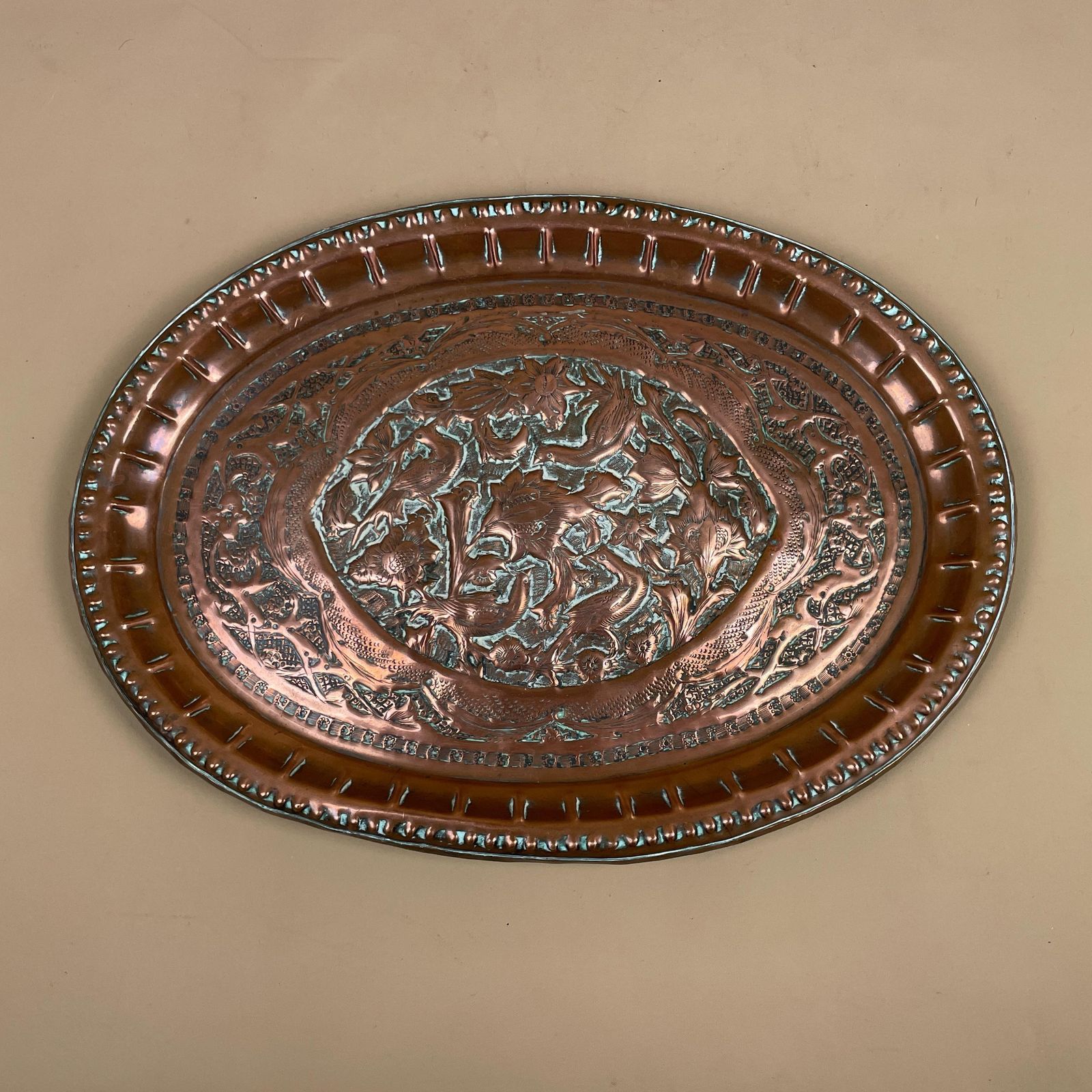 Antique Metal Copper Indian Patterned Tray 37x27cm Plate Asian Handmade Etched Intricate Decorative Pattern Wall Hanging Art Oval Vintage