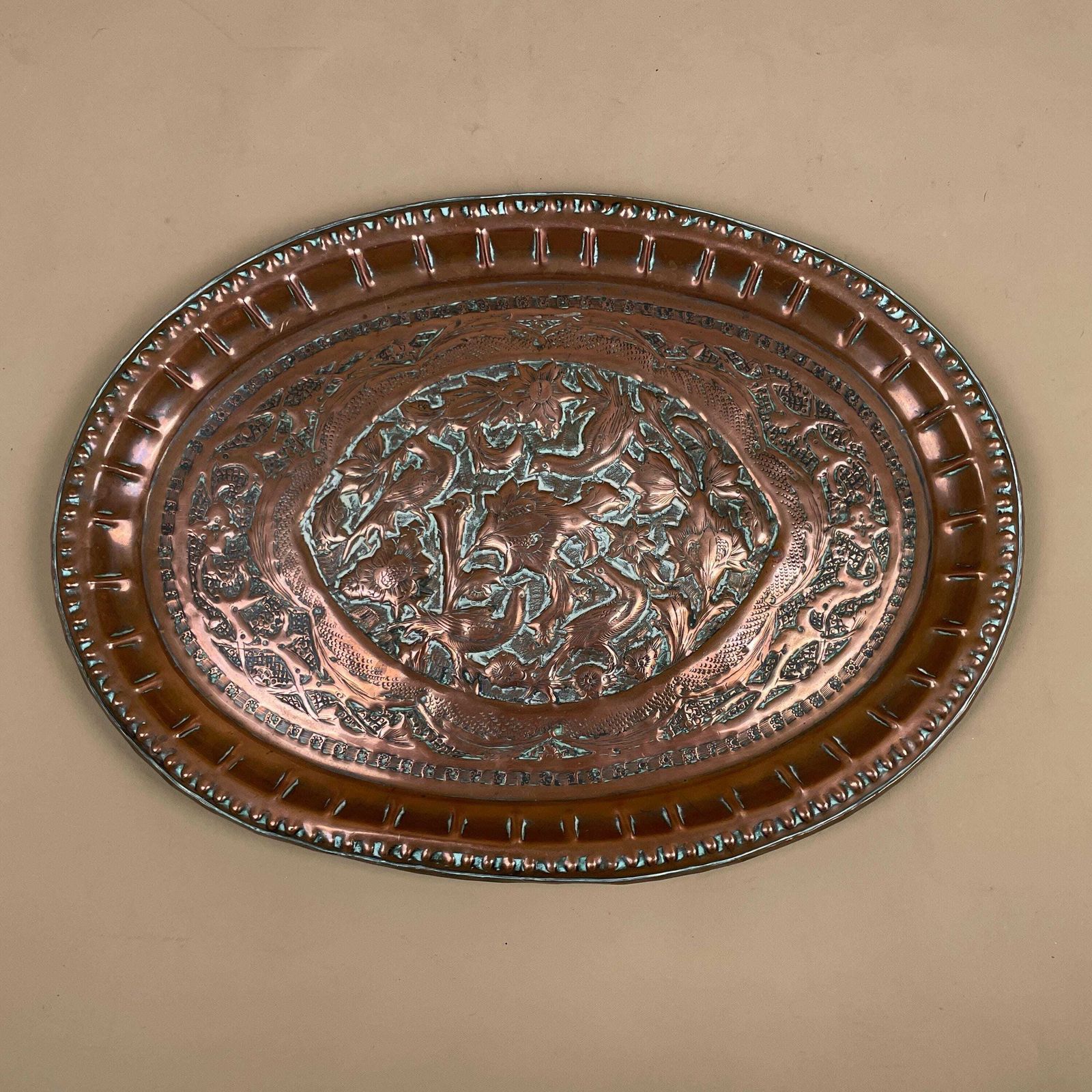 Antique Metal Copper Indian Patterned Tray 37x27cm Plate Asian Handmade Etched Intricate Decorative Pattern Wall Hanging Art Oval Vintage photo Art
