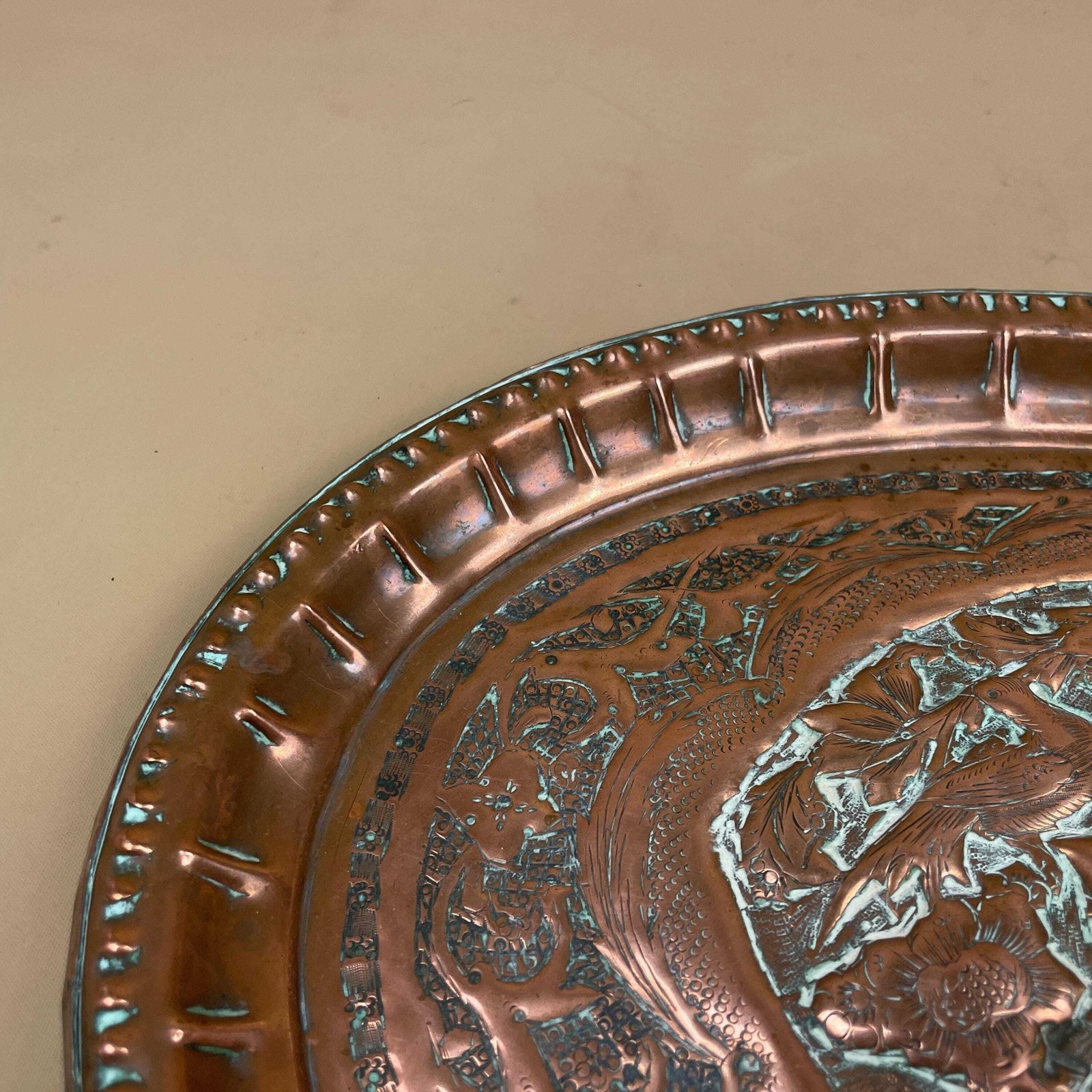 Antique Metal Copper Indian Patterned Tray 37x27cm Plate Asian Handmade Etched Intricate Decorative Pattern Wall Hanging Art Oval Vintage photo 79.0