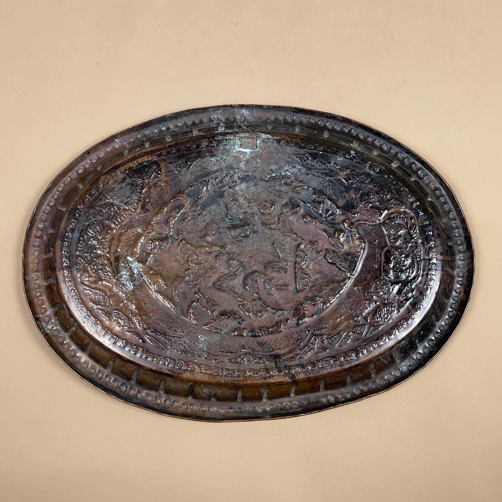 photo furniture Antique Metal Copper Indian Patterned Tray 37x27cm Plate Asian Handmade Etched Intricate Decorative Pattern Wall Hanging Art Oval Vintage