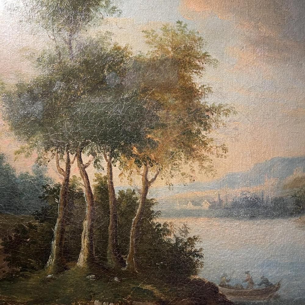 Italian School Artist, Lakescape With Forest Animated By Characters, Oil On Canvas, 18th Century, Framed photo Art