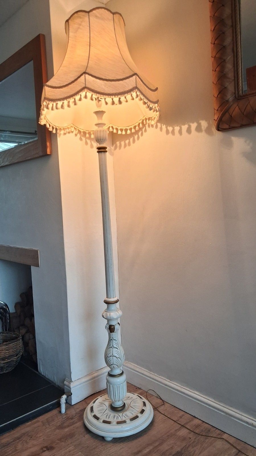 275.0 Vintage  French Cream And Gilt Oak Standard /Floor Lamp With Delightful Shade photo
