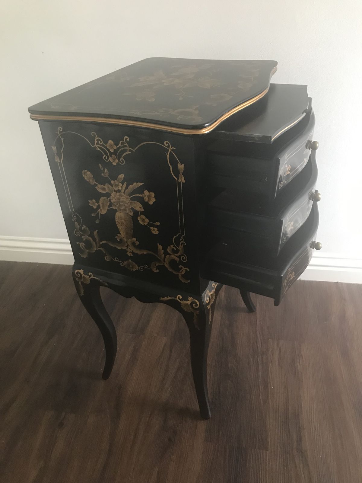 Black Lacquered Nightstand In A Rococo / Baroque Style . photo furniture