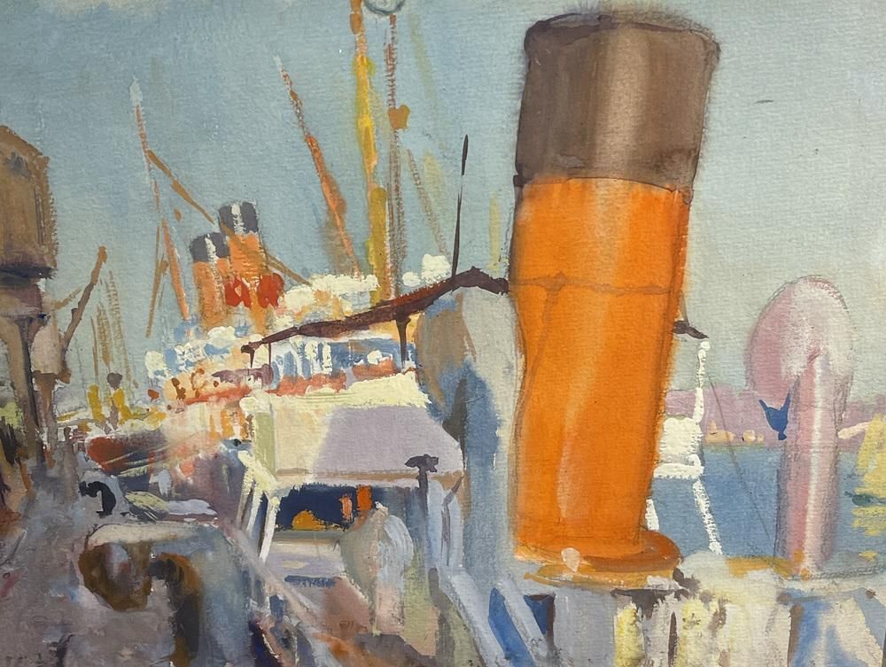 499.0 Jules Van De Leene, Marine Liner At Dock, Jaren 1920, Gouache photo