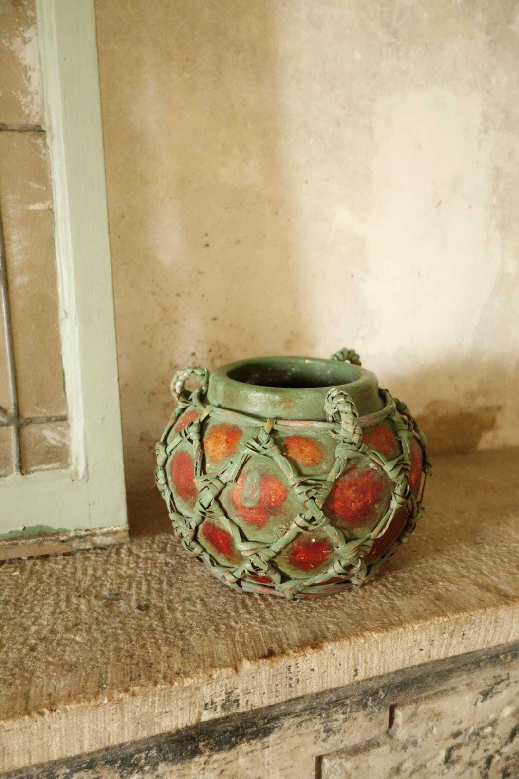 Unusual Folk Art Vase – Ceramic Vessel With Woven Relief Design photo furniture