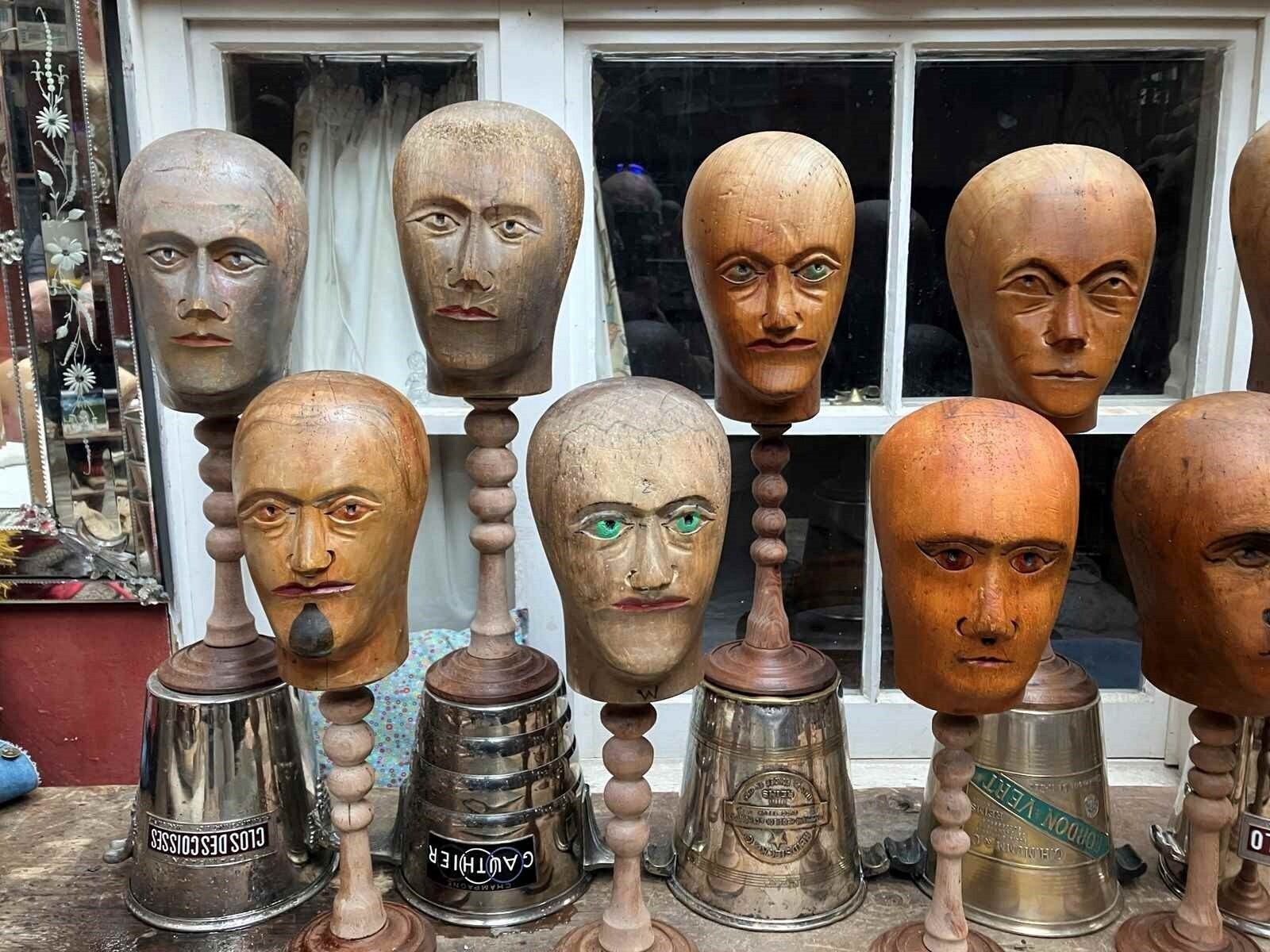 Collection Of 10 Wig Maker's Wooden Heads On Stands (C1900 1925) photo Art