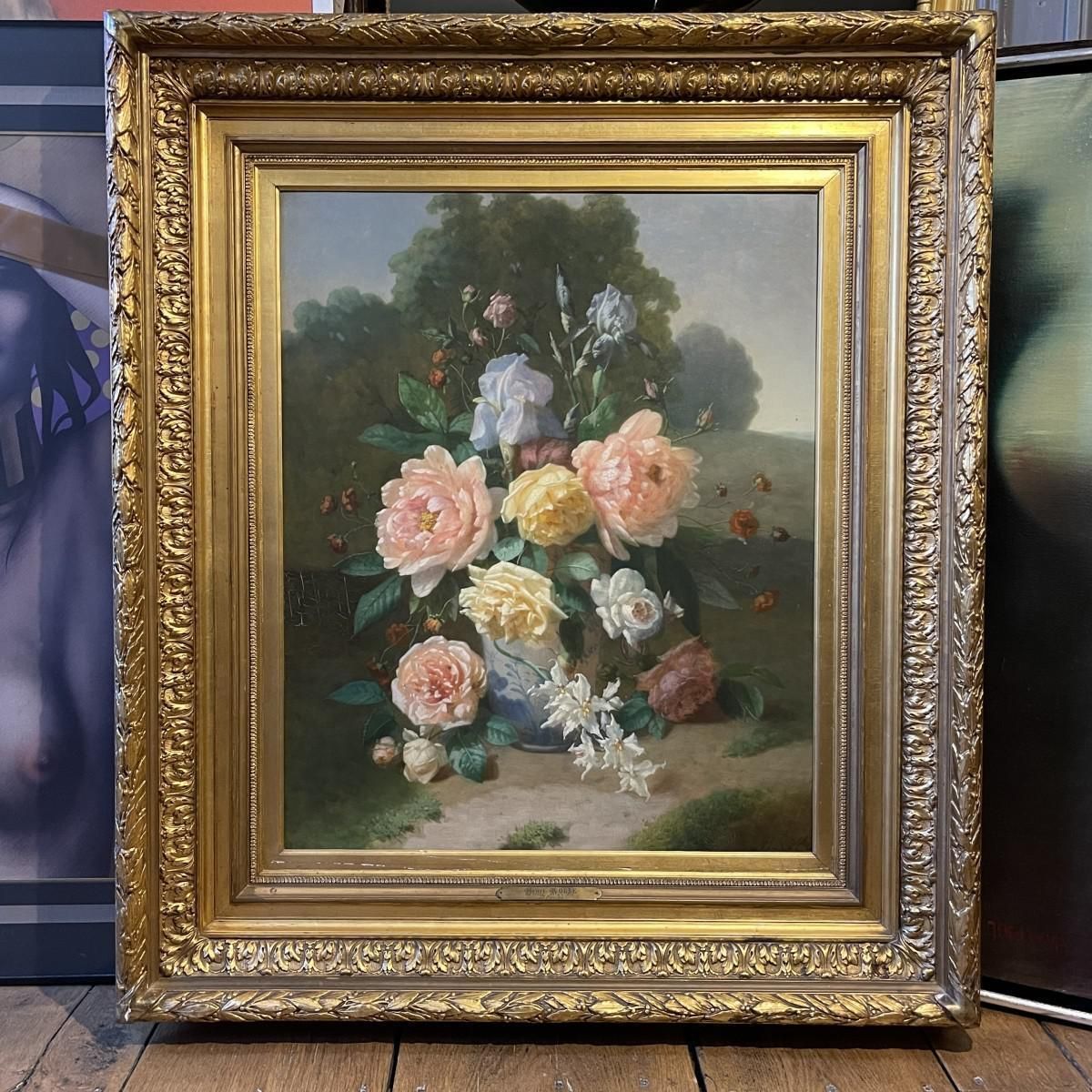 Henri Robbe, Bloemenstilleven, Olie Op Paneel, Jaren 1840 photo for sale
