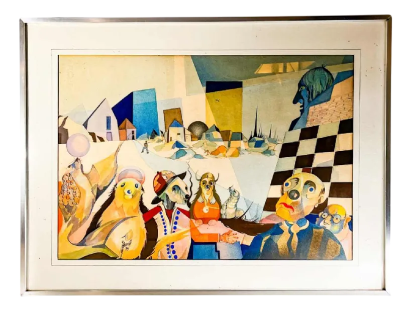 David, Cubo Surrealist Composition, 1974, Mixed Media On Paper, Framed
