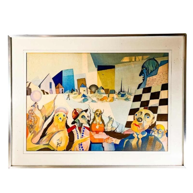 photo vinterior David, Cubo Surrealist Composition, 1974, Mixed Media On Paper, Framed