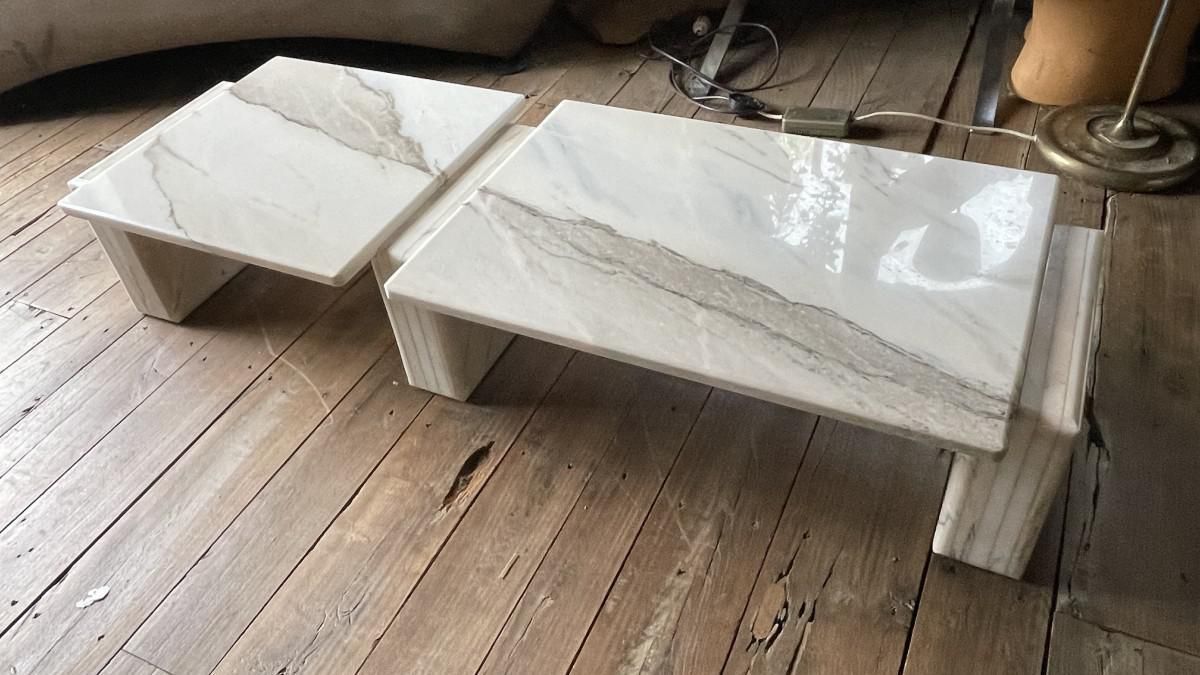 Italian Carrara Marble Modular Coffee Tables By Mario Bellini, 1970s, Set Of 7 photo vinterior