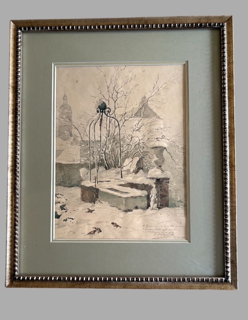 French Winter Courtyard Scene, 1903 – Watercolour By E. Desjardins