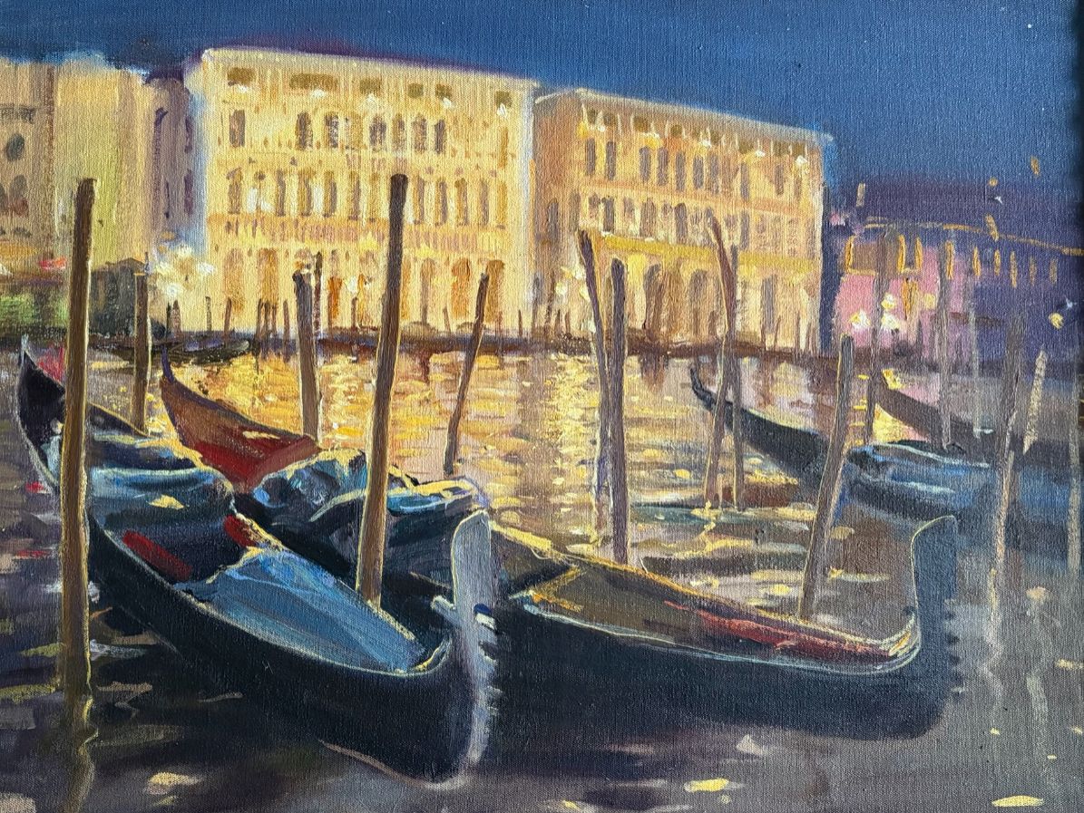 Robert Collins – Venetian Gondolas At Night – Oil On Canvas photo furniture