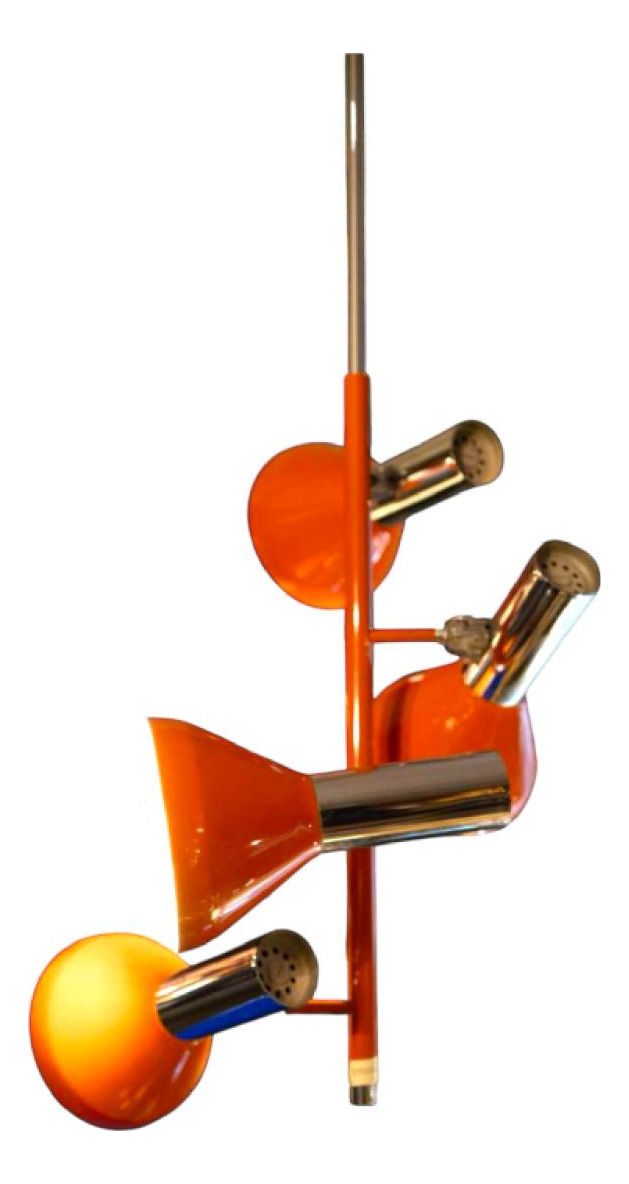 Vintage Space Age Verstelbare Hanglamp Met 4 Spots In Verchroomd Staal & Oranje Lak, Jaren 1970