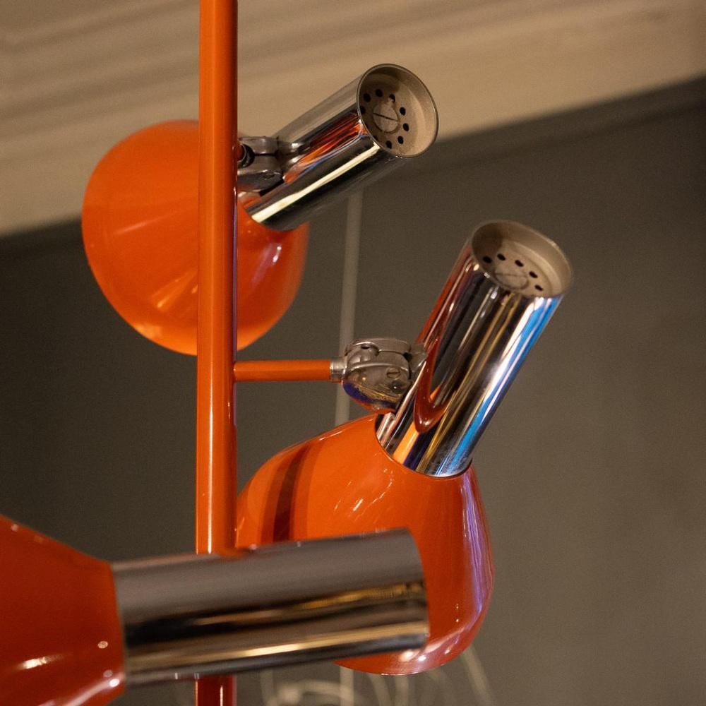 Vintage Space Age Verstelbare Hanglamp Met 4 Spots In Verchroomd Staal & Oranje Lak, Jaren 1970 photo for sale