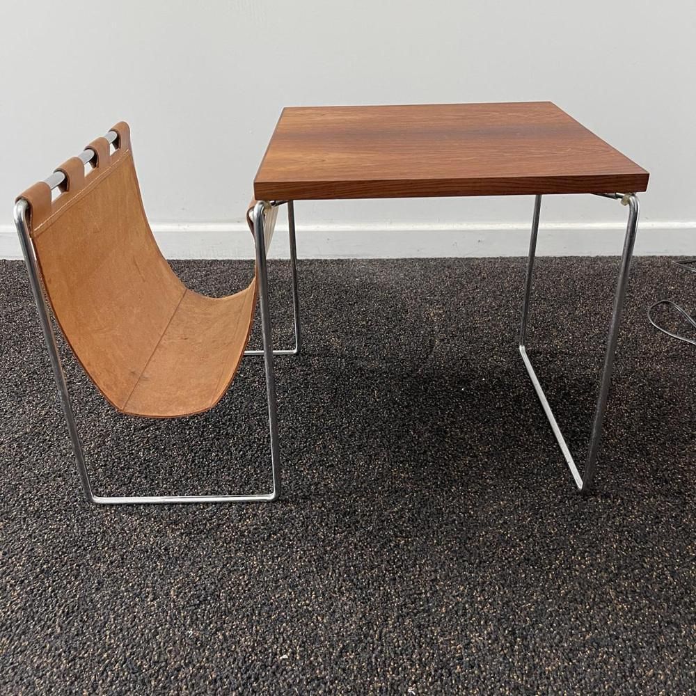 Vintage Leather, Rosewood & Chromed Steel Side Table / Newspaper Rack, 1970s photo Furniture
