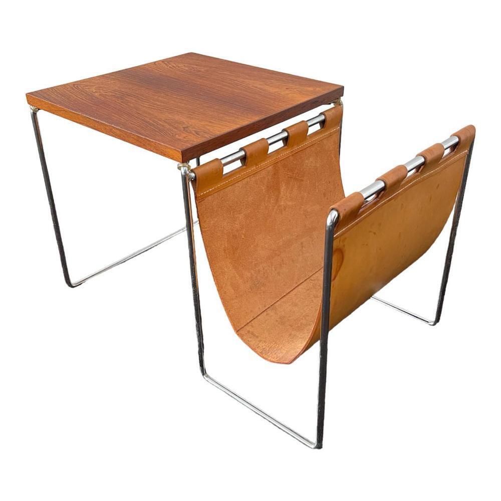 Furniture Vintage Leather, Rosewood & Chromed Steel Side Table / Newspaper Rack, 1970s photo