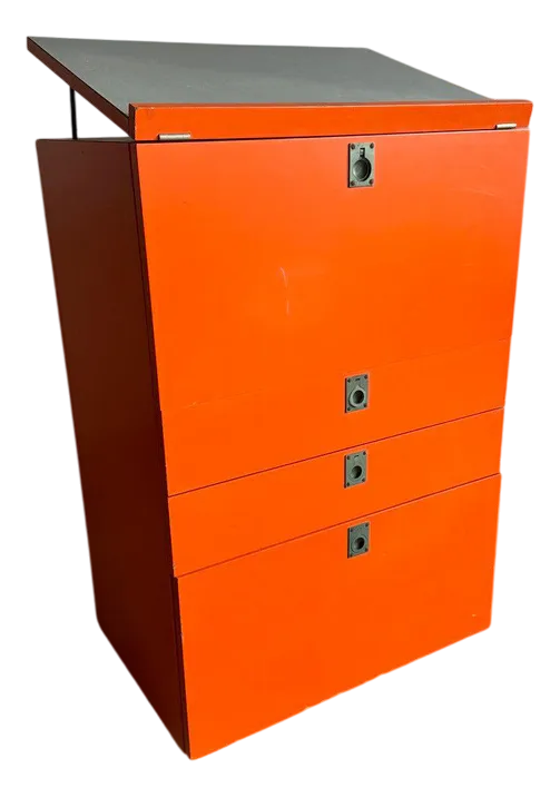 Orange Chest Of Drawers With Fold Out Work Surface And Slanted Top