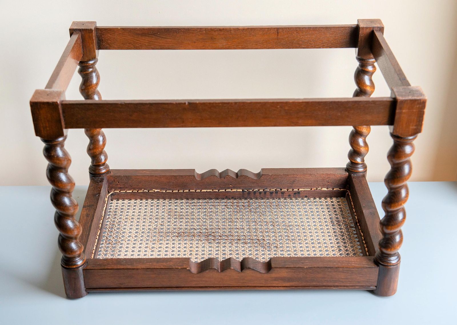 photo for sale Rustic Oak Bench With Cane Seat – Handmade 1930s Dutch Accent Piece – Dark Brown Webbing Stool – Barley Twist Vintage Home Decor