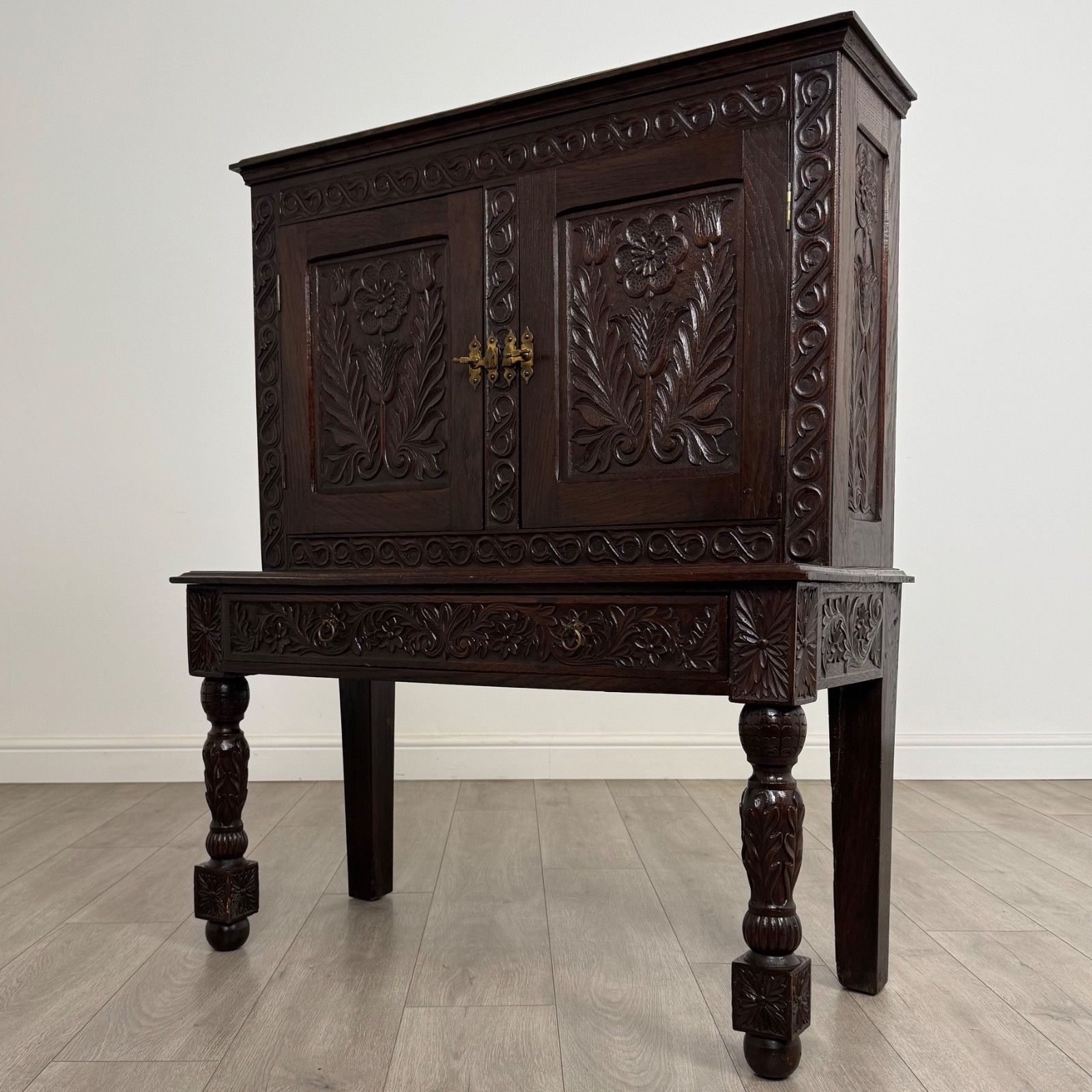 Antique 19th Century Unusually Small Carved Oak Cabinet photo for sale