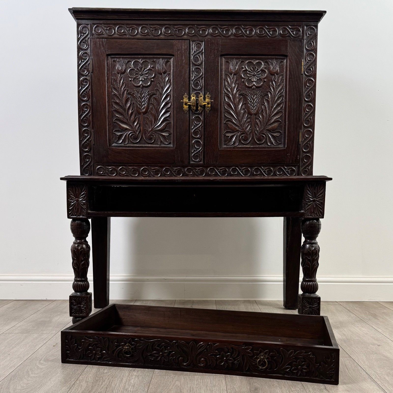 Furniture Antique 19th Century Unusually Small Carved Oak Cabinet photo