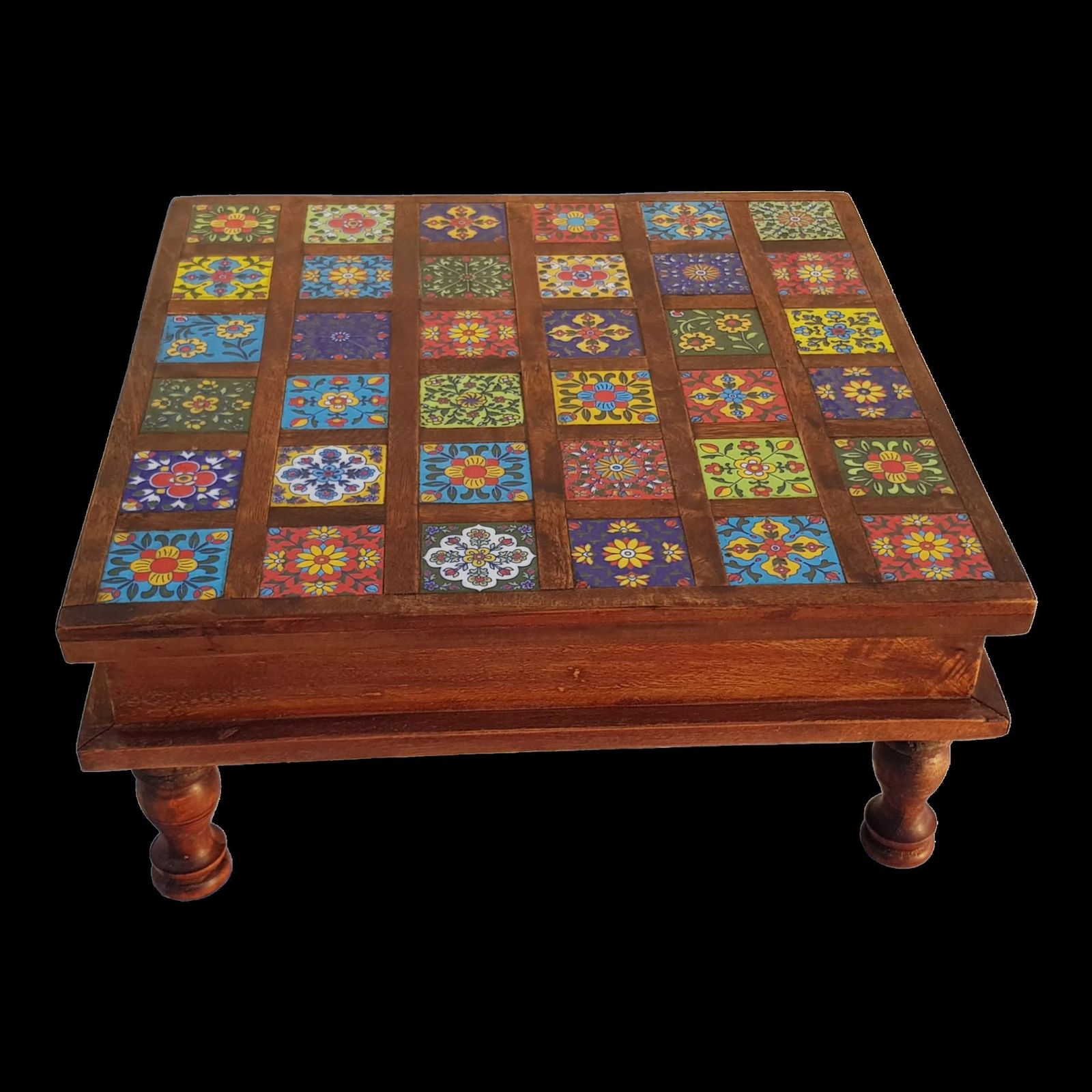 Square Rosewood Tea Table With 36 Small Hand Painted Ceramic Tiles