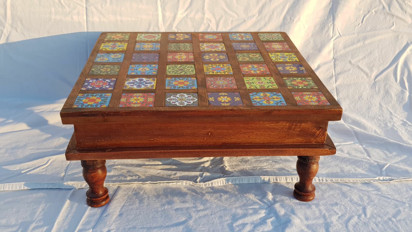 Square Rosewood Tea Table With 36 Small Hand Painted Ceramic Tiles photo vinterior