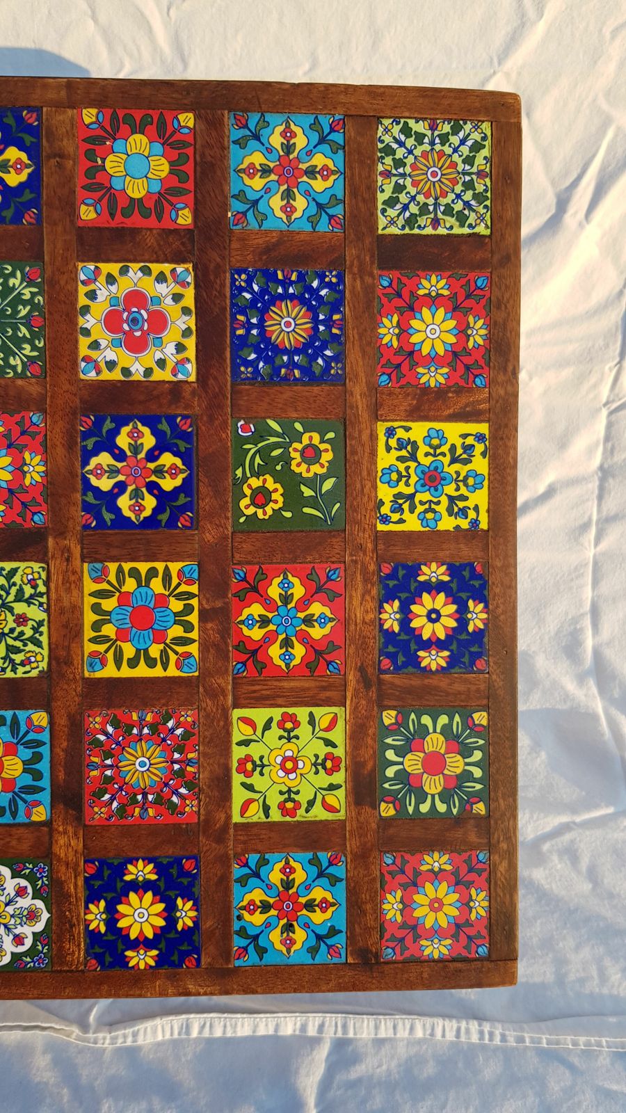 Square Rosewood Tea Table With 36 Small Hand Painted Ceramic Tiles photo vintage