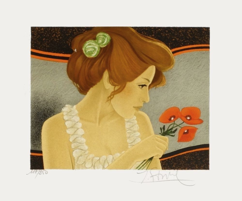 Yves Ganne Lithograph Signed Numbered Pencil Woman Poppy 1980