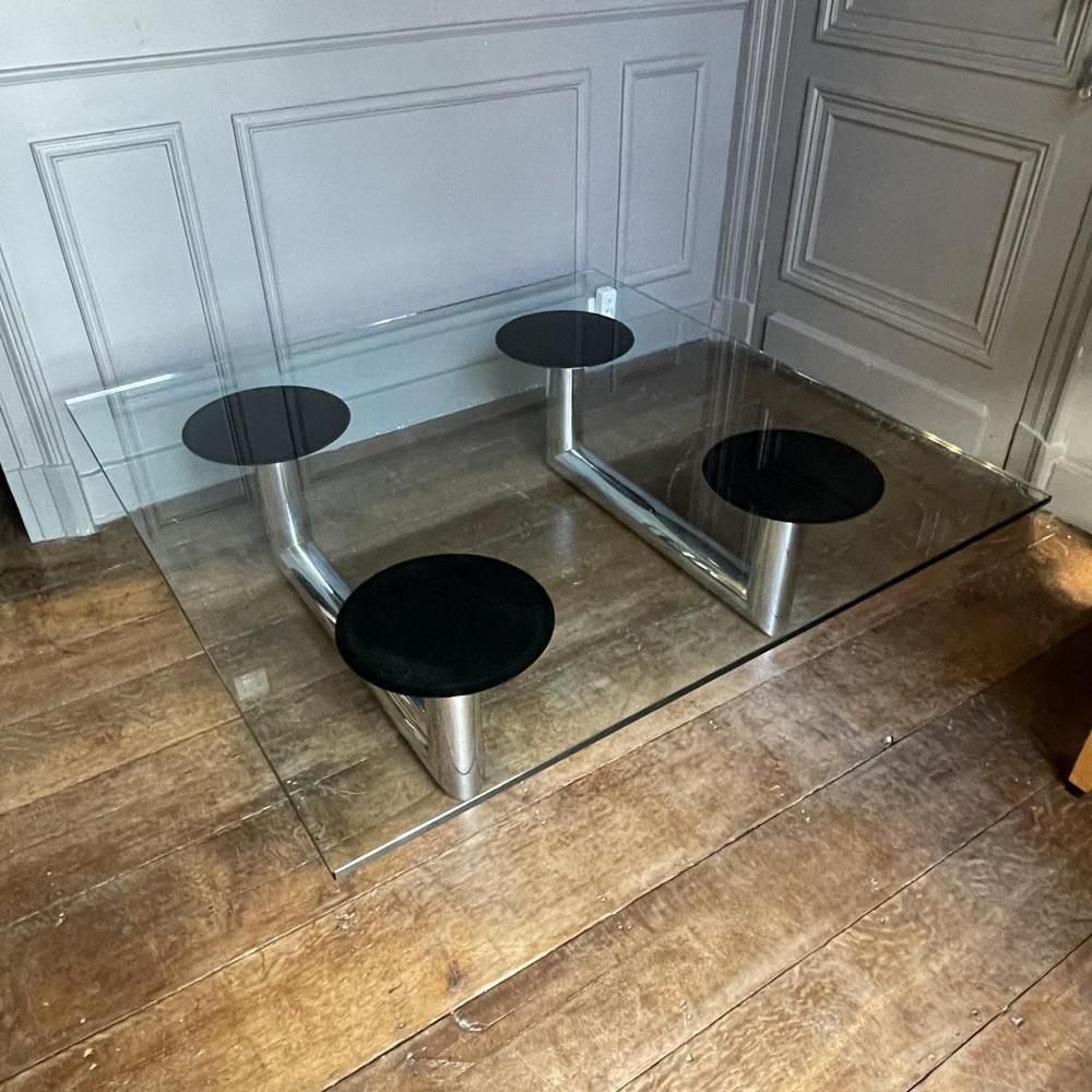 Grote Italiaanse Vierkante Salontafel In Verchroomd Stalen Buisframe, Jaren 1970 photo vintage