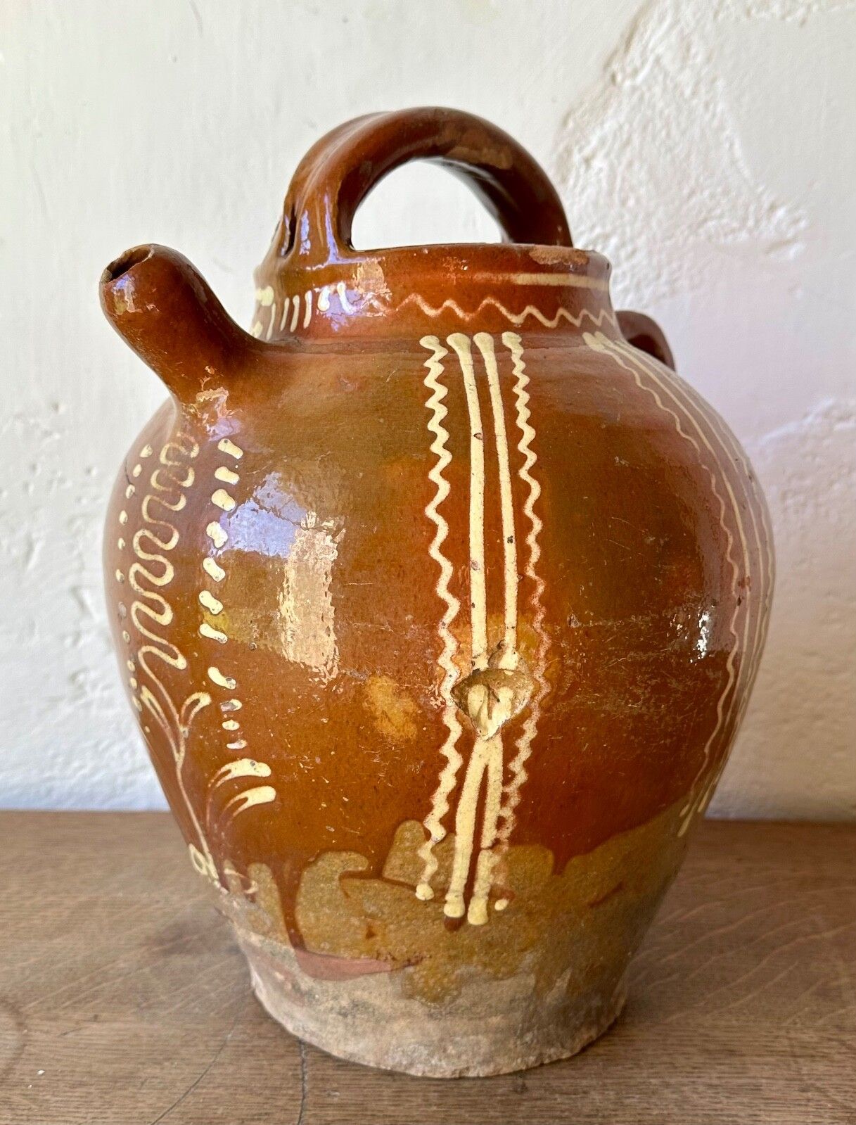 Large Antique French Terracotta Gargoulette Jug Pitcher Saône Slipware 19thc photo furniture