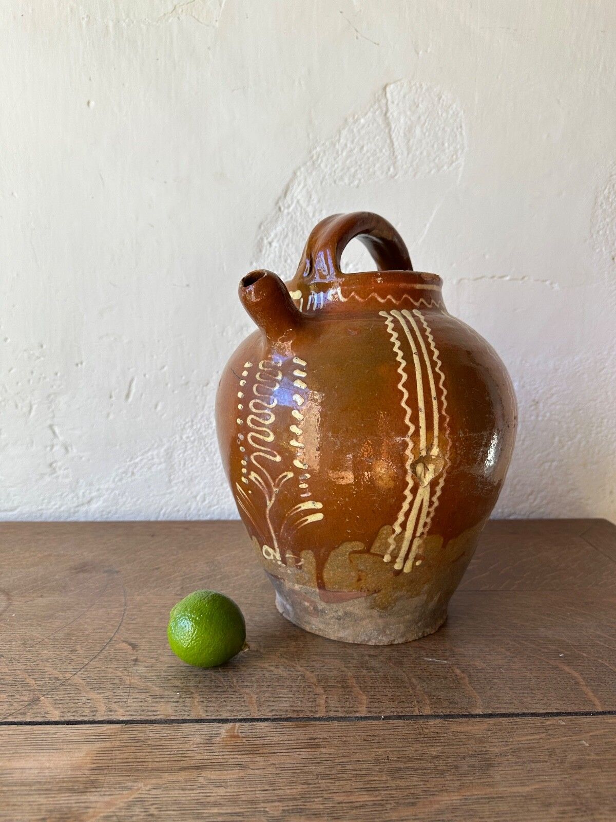 Large Antique French Terracotta Gargoulette Jug Pitcher Saône Slipware 19thc photo for sale