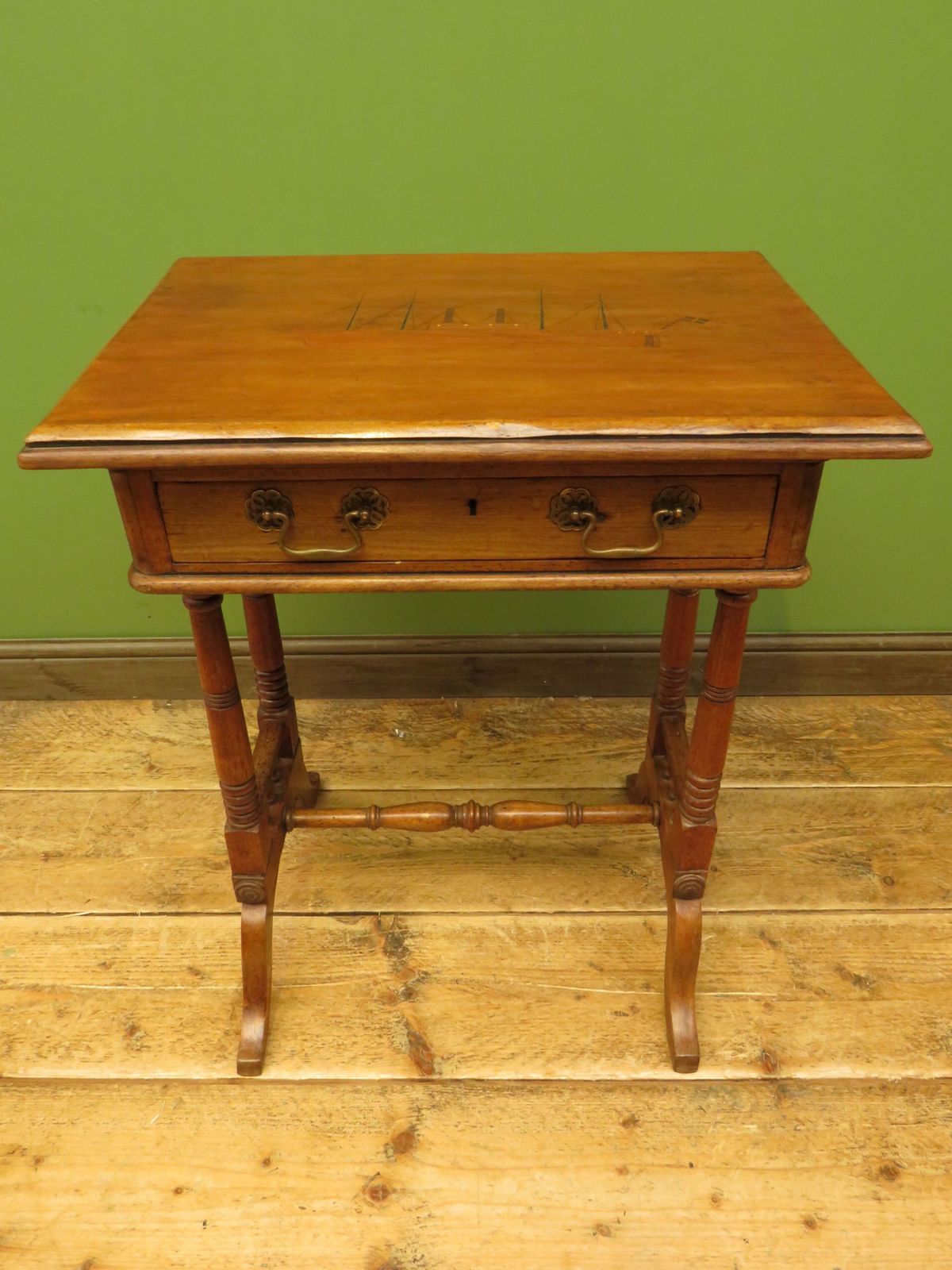 Trinity House Style Work Table With Inlaid Ship & Signature H.Larsen, 1911 photo vinterior
