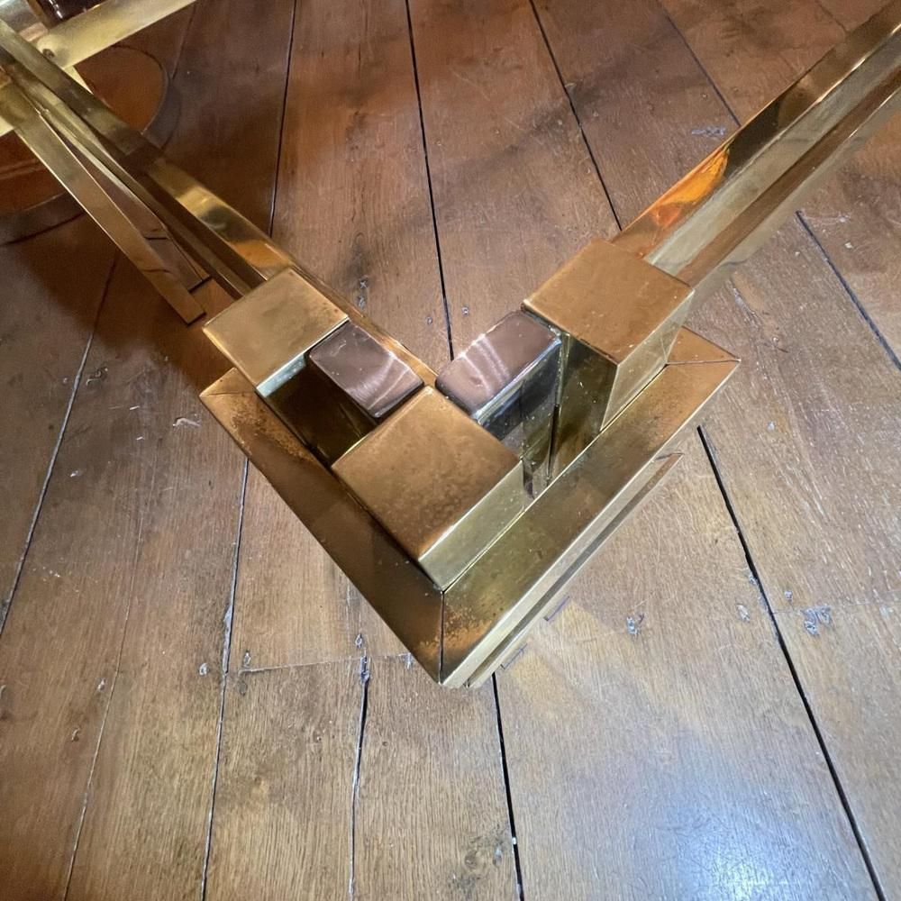 photo for sale Vintage Coffee Table In Smoked Glass, Brass & Chrome Metal, 1970s
