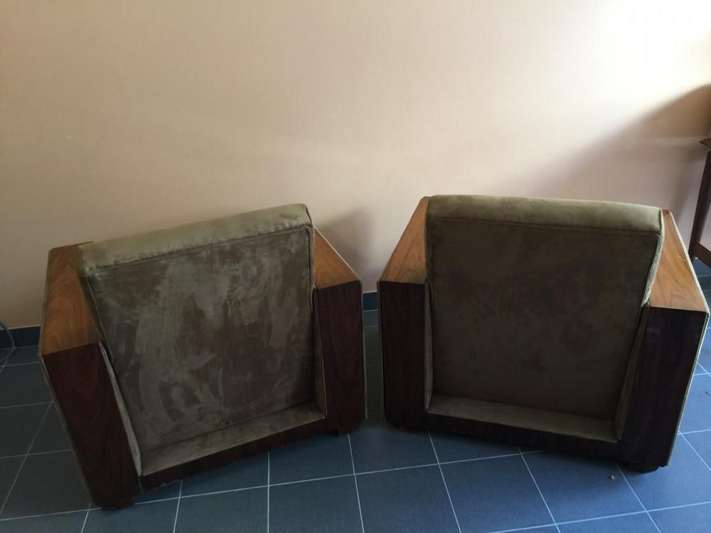 Set Of Art Deco Club Armchairs In Alcantara & Walnut, 1930 photo 2600.0