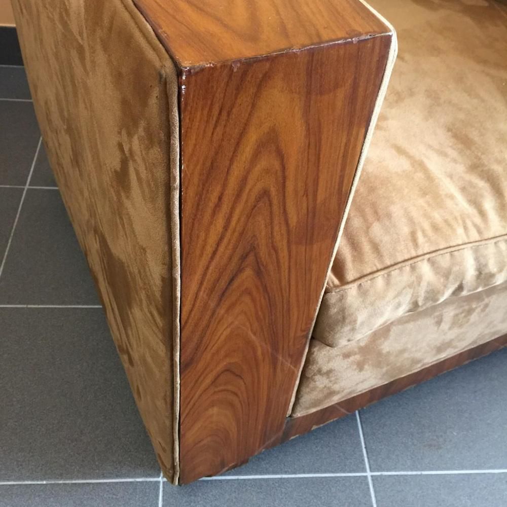 photo for sale Set Of Art Deco Club Armchairs In Alcantara & Walnut, 1930