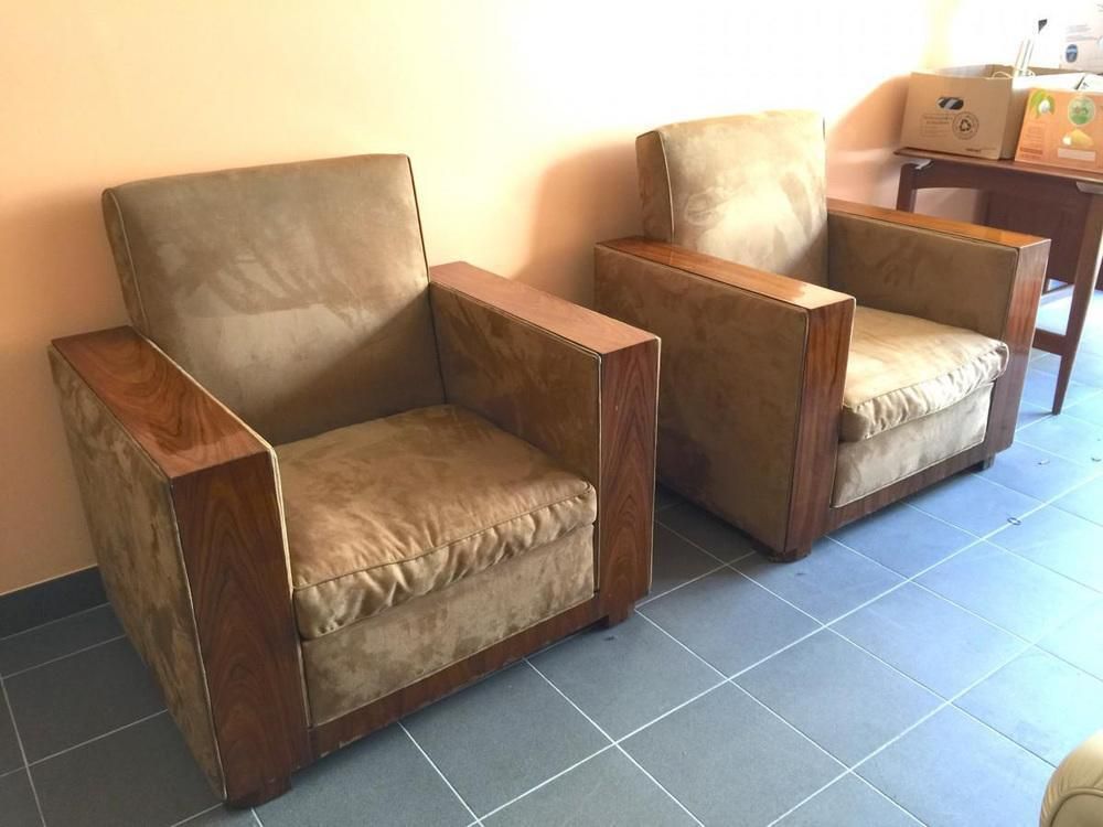 Furniture Set Of Art Deco Club Armchairs In Alcantara & Walnut, 1930 photo