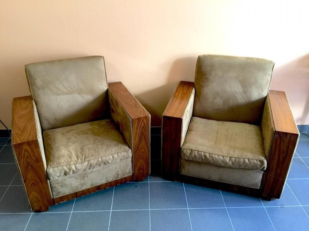 2600.0 Set Art Deco Clubfauteuils In Alcantara & Walnoot, 1930 photo